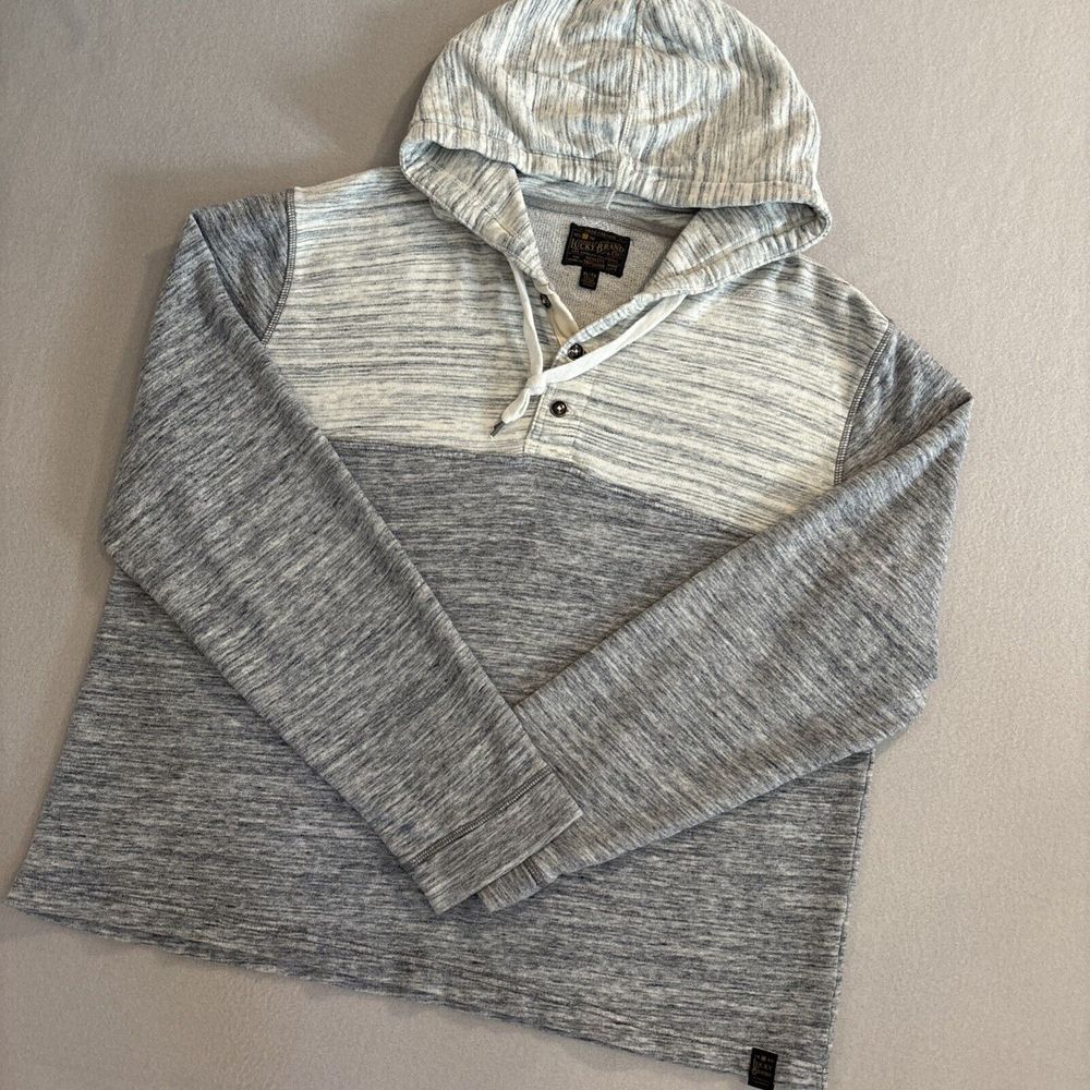 LUCKY Brand XL Grey/lt Grey Hoodie Mens Button/tie Sweatshirt EXCELLENT & Soft